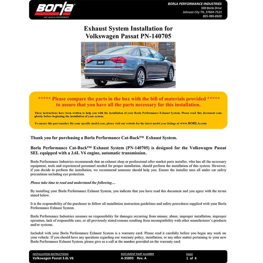 Borla 16-18 Volkswagen Passat 3.6L FWD/AWD Catback Exhaust