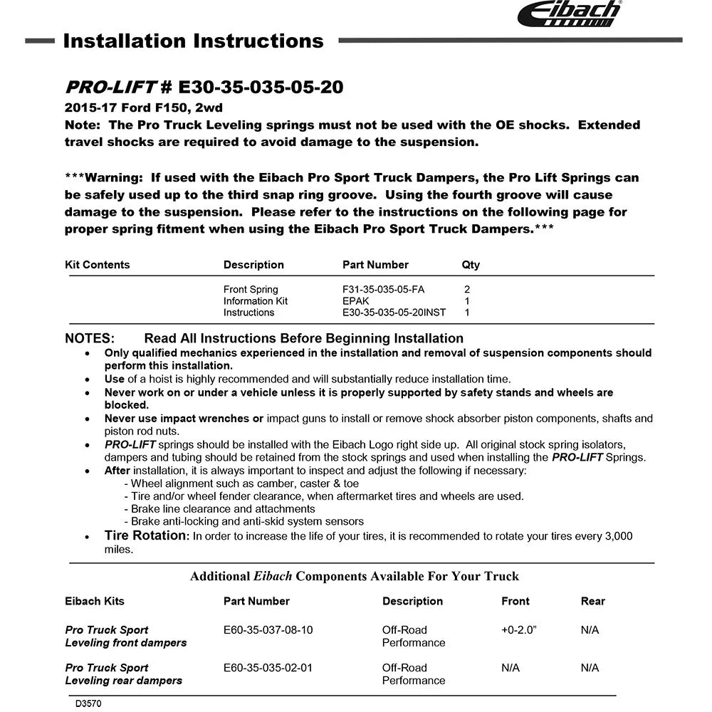 Eibach Pro-Truck Lift Kit for 15-17 Ford F-150 2WD (Must Be Used w/ Pro-Truck Front Shocks)