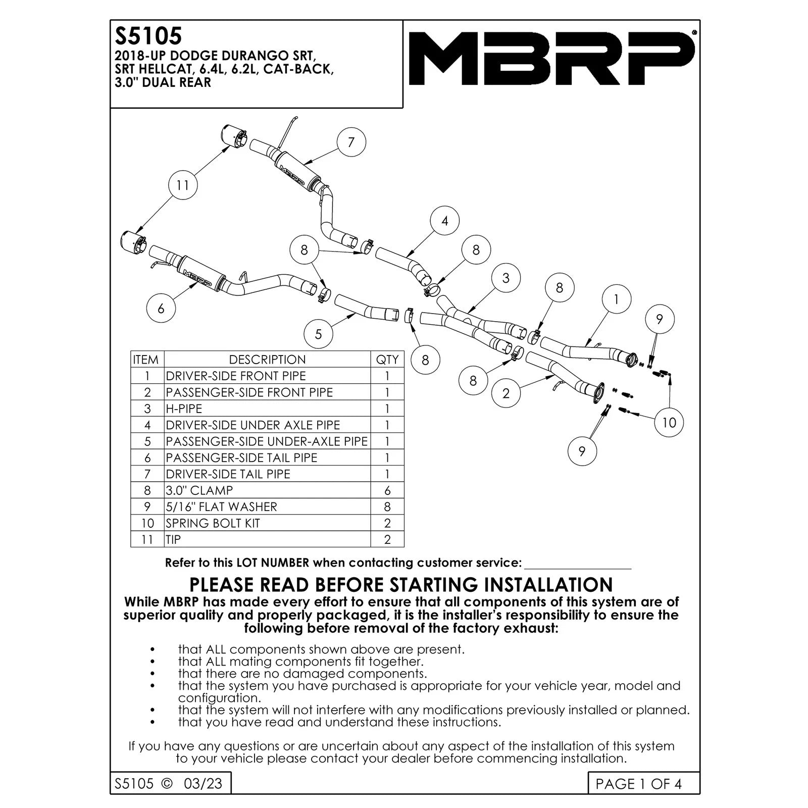 MBRP 18-23 Dodge Durango SRT 6.4L Armor Pro T304 SS 3in Cat Back Exhaust Dual Rear Exit w/ CF Tips