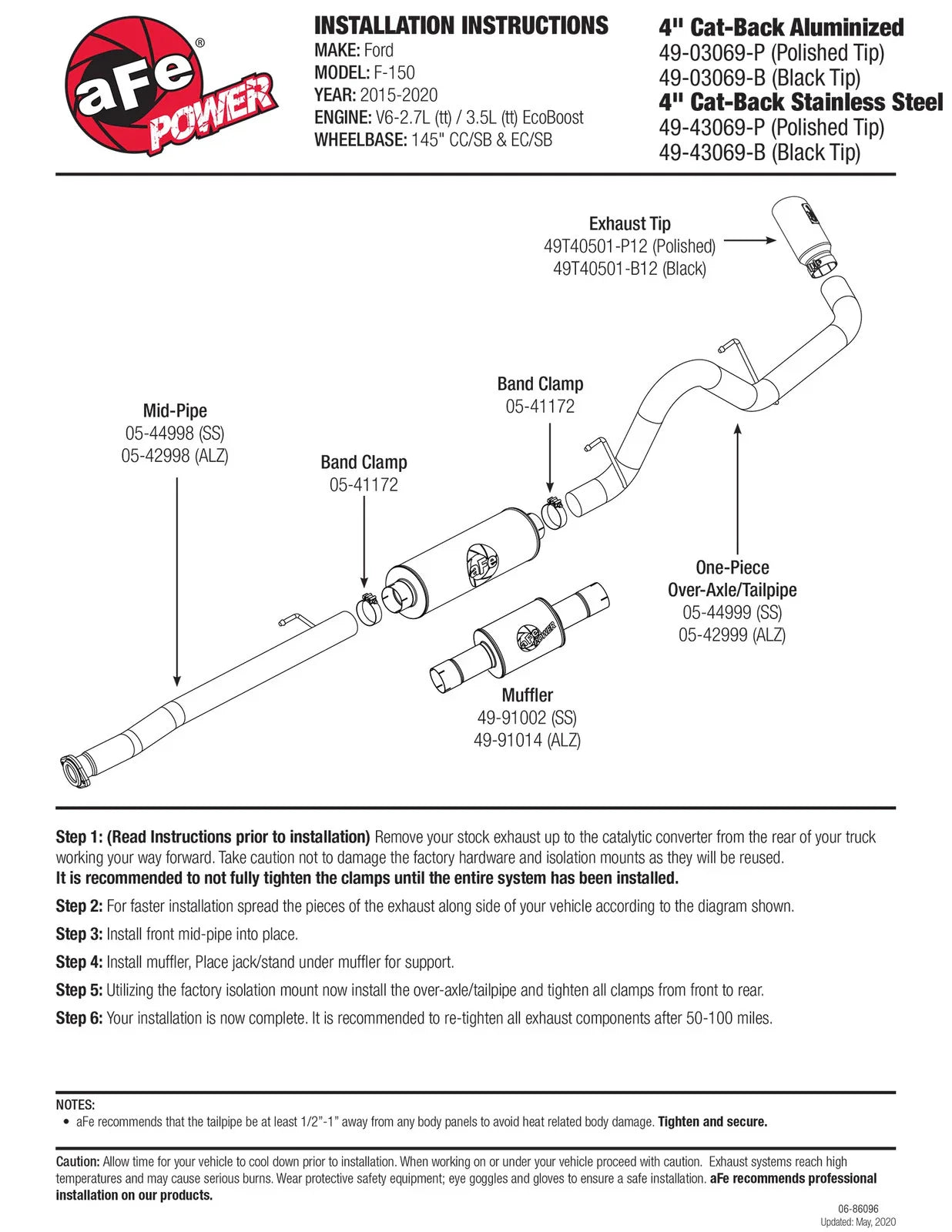 aFe Atlas Exhausts 4in Cat-Back Aluminized Steel Exhaust 2015 Ford F-150 V6 3.5L (tt) Polished Tip