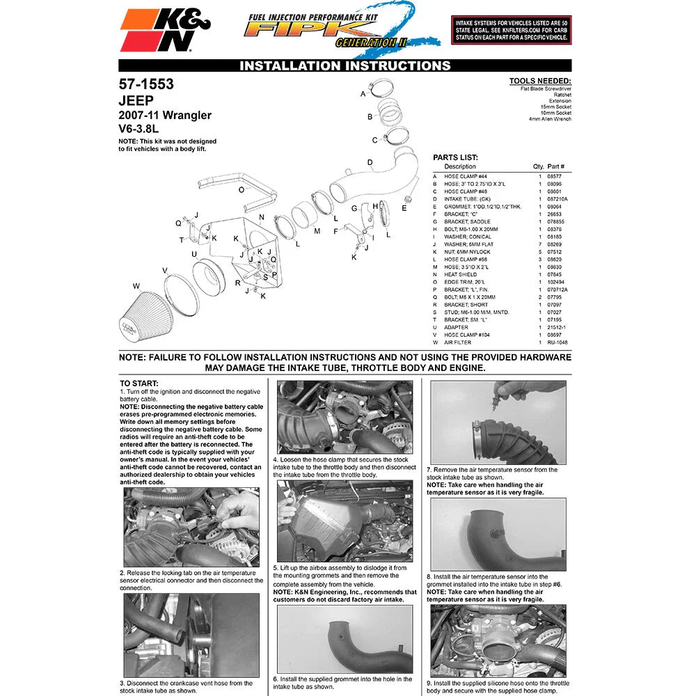 K&N 07 Jeep Wrangler V6-3.8L Performance Intake Kit