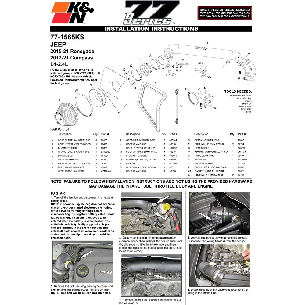 K&N 2015 Jeep Renegade L4-2.4L High Flow Performance Air Intake Kit