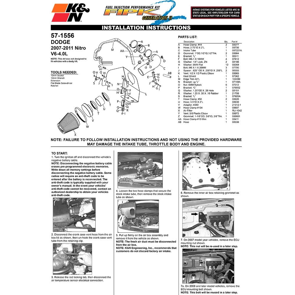 K&N 07-10 Dodge Nitro 4.0L V6 Performance Intake Kit