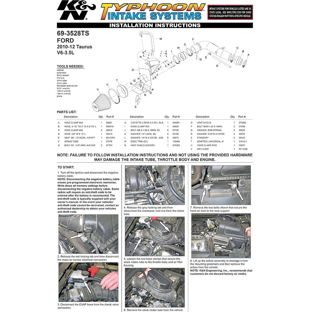 K&N 10-11 Ford Taurus 3.5L V6 Silver Typhoon Cold Air Intake