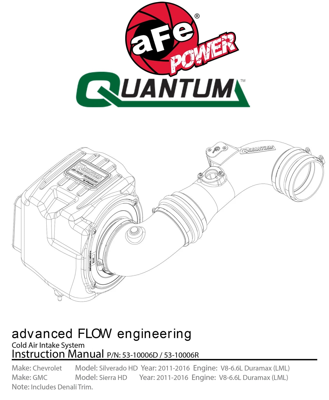 aFe Quantum Pro DRY S Cold Air Intake System 11-16 GM/Chevy Duramax V8-6.6L LML - Dry