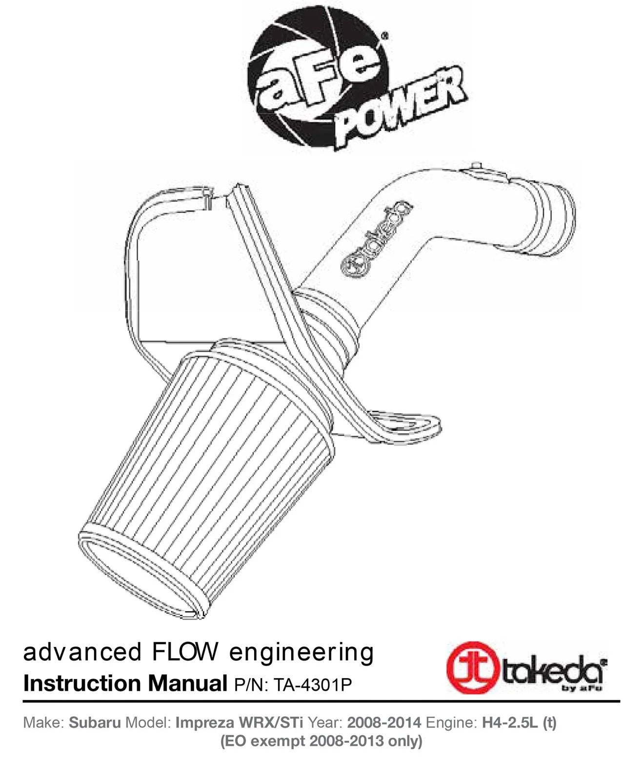 aFe Takeda Intakes Stage-2 PDS AIS PDS Subaru WRX/STI 08-12 H4-2.5L (t) (pol)