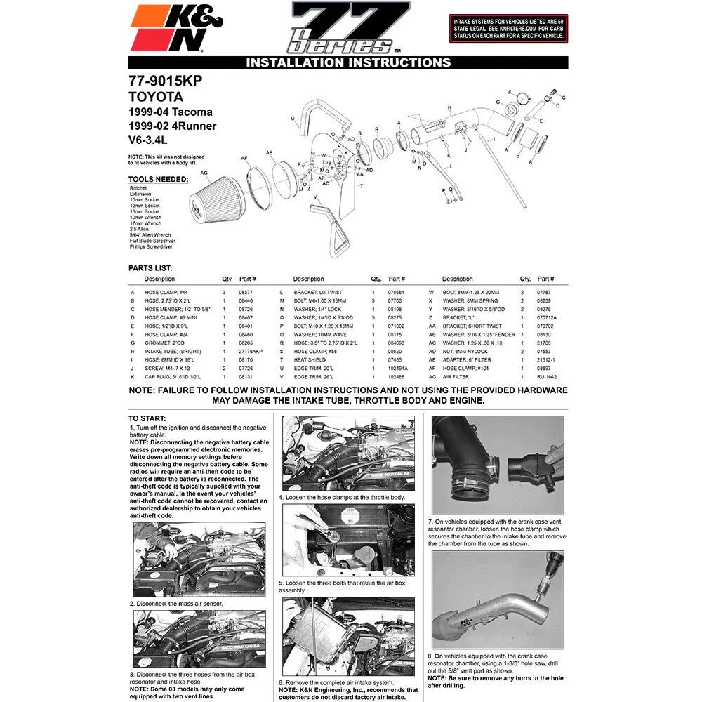 K&N 99-04 Toyota Tacoma/4Runner V6-3.4L High Flow Performance Kit