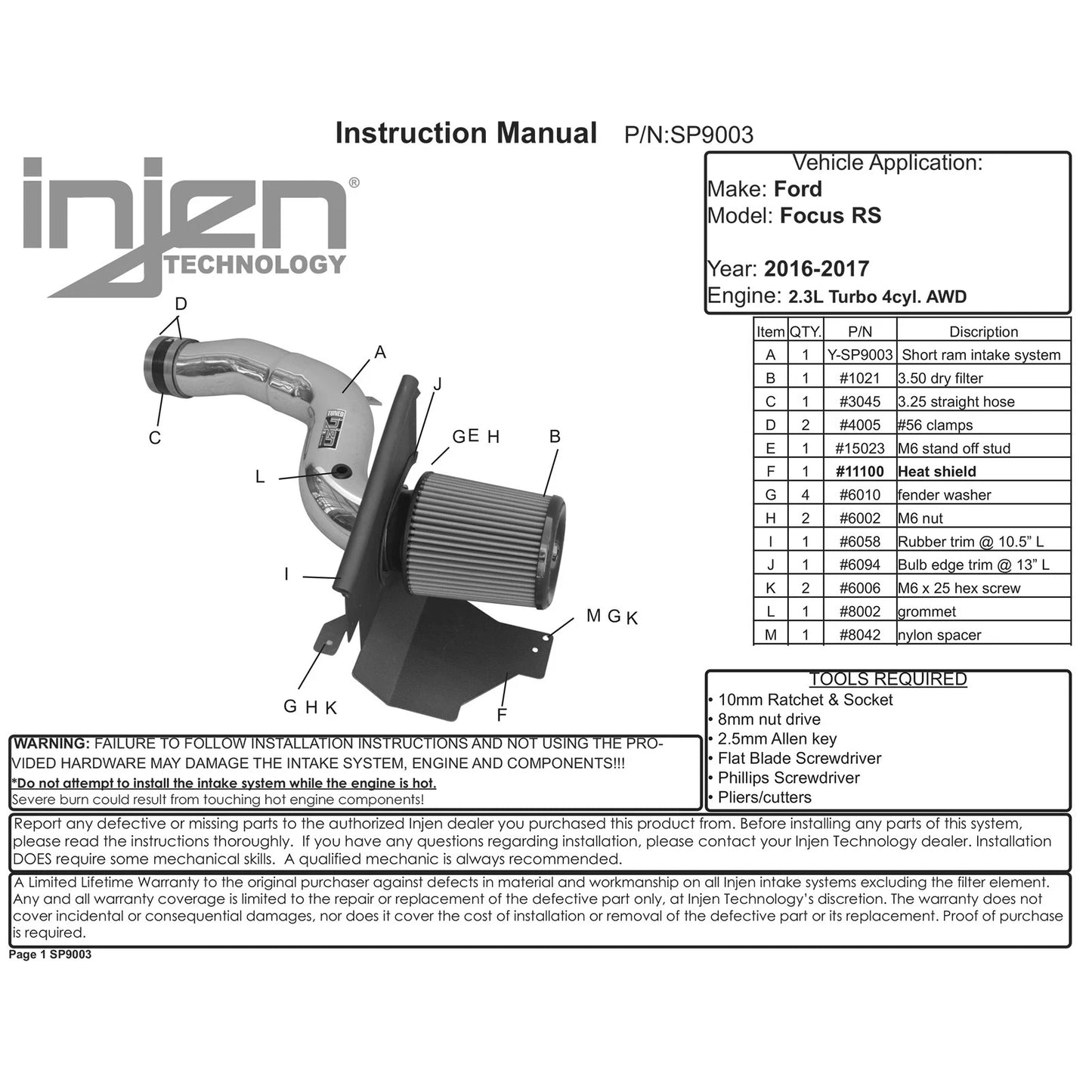 Injen 16-18 Ford Focus RS Special Edition Blue Cold Air Intake