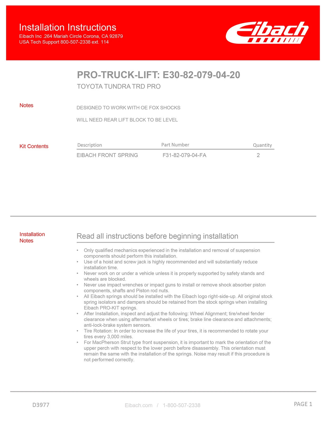 Eibach 19-21 Toyota Tundra PRO-Lift Kit Springs Front Springs & Rear 1in. Block