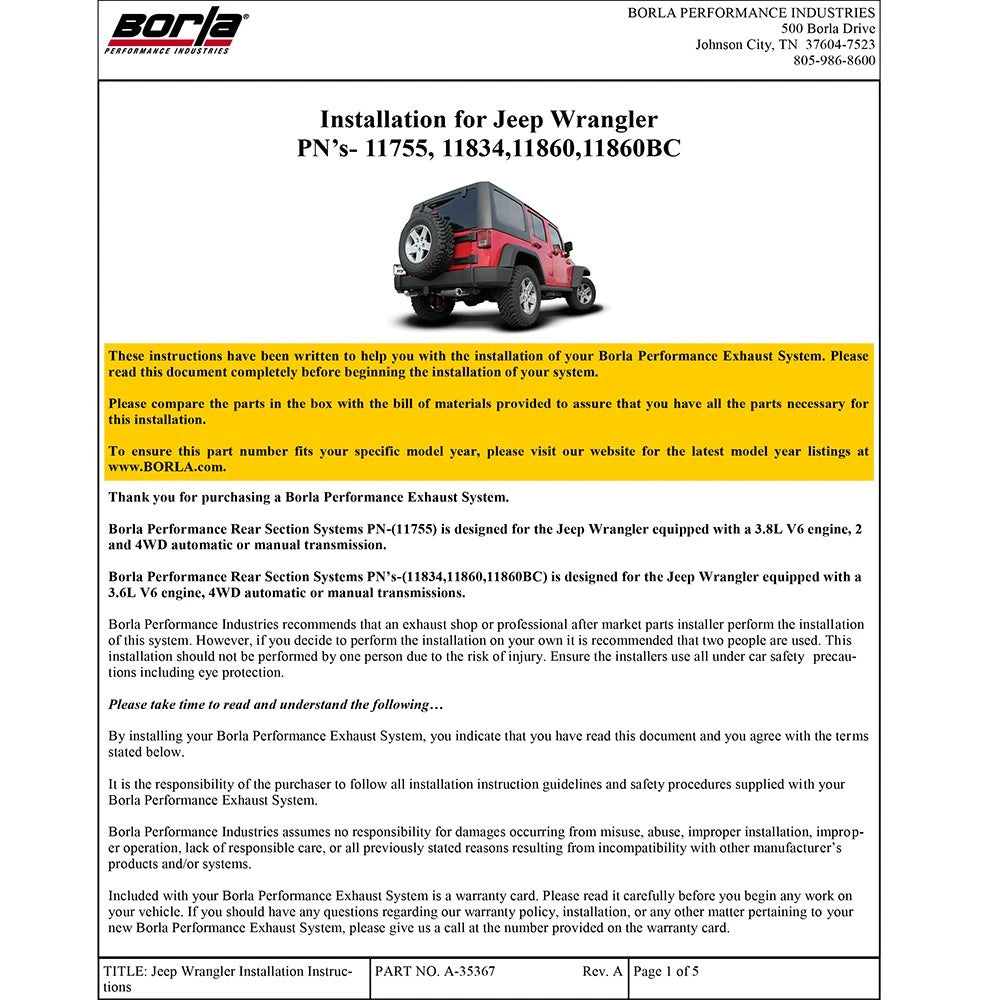 Borla 12-16 Jeep Wrangler 3.6L AT/MT 4WD Single Split Rr Exit Touring Exhaust (rear section only)