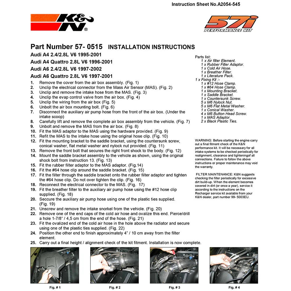 K&N Audi A4 2.8L V6 Performance Intake Kit