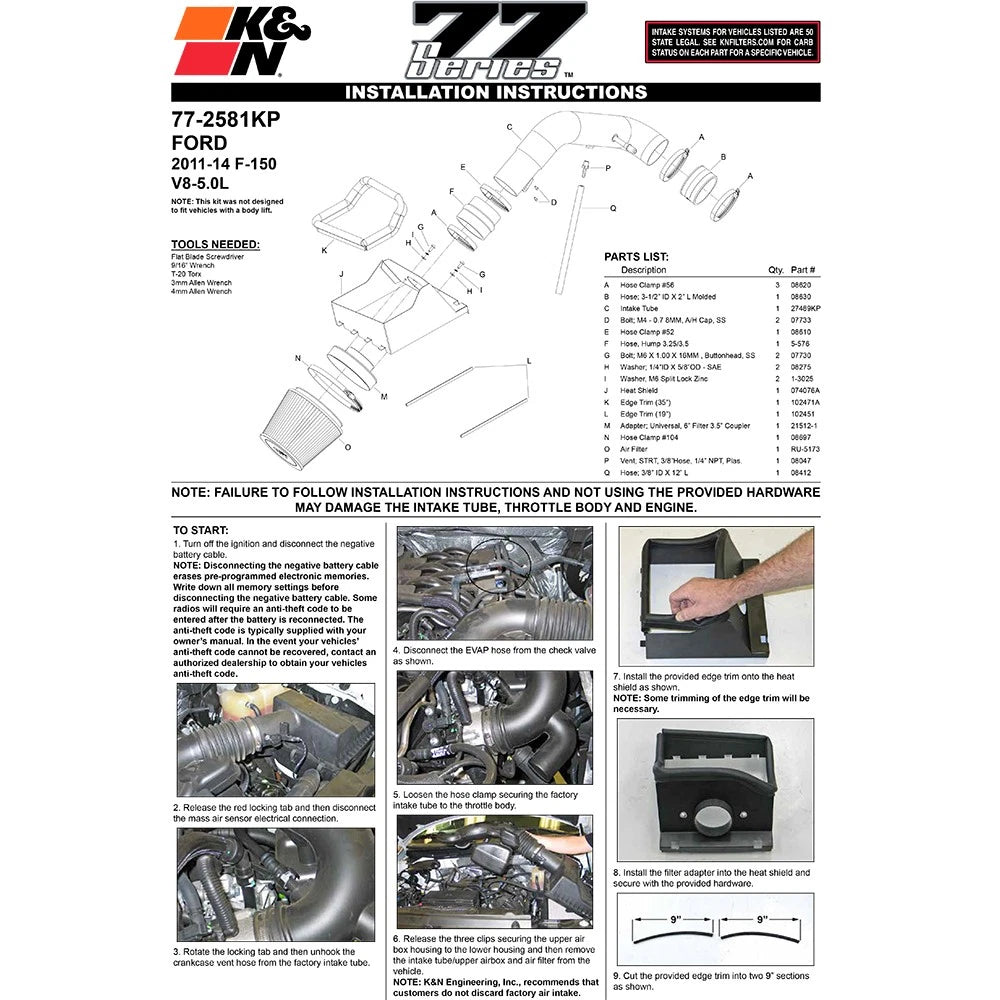 K&N 11 Ford F150 5.0L V8 F/I High Flow Performance Intake Kit