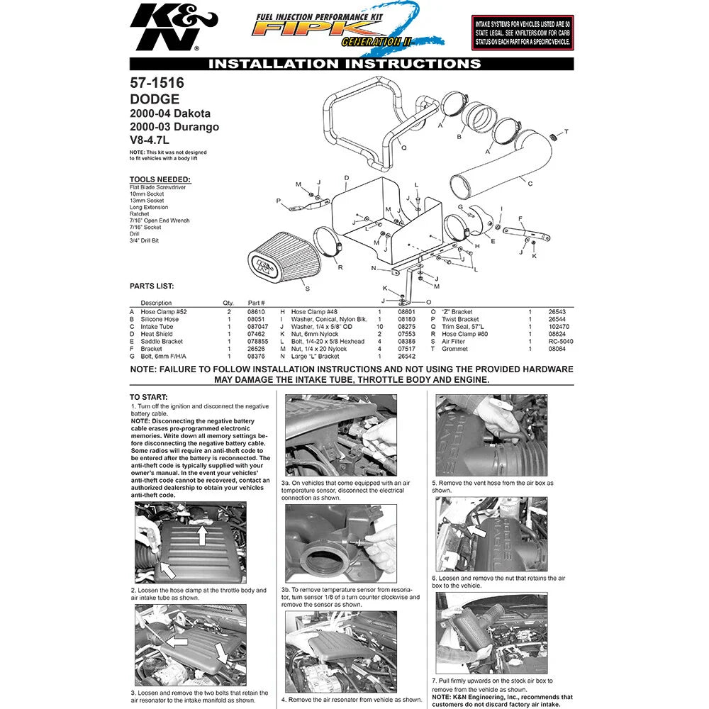 K&N 00-04 Dodge Dakota/Durango V8-4.7L Performance Intake Kit