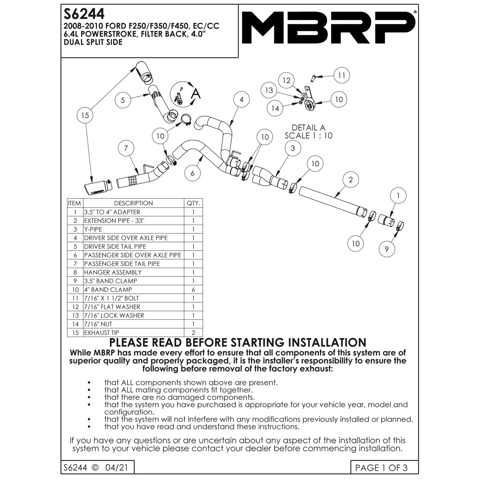 MBRP 2008-2009 Ford F250/350/450 6.4 L Filter Back Cool Duals
