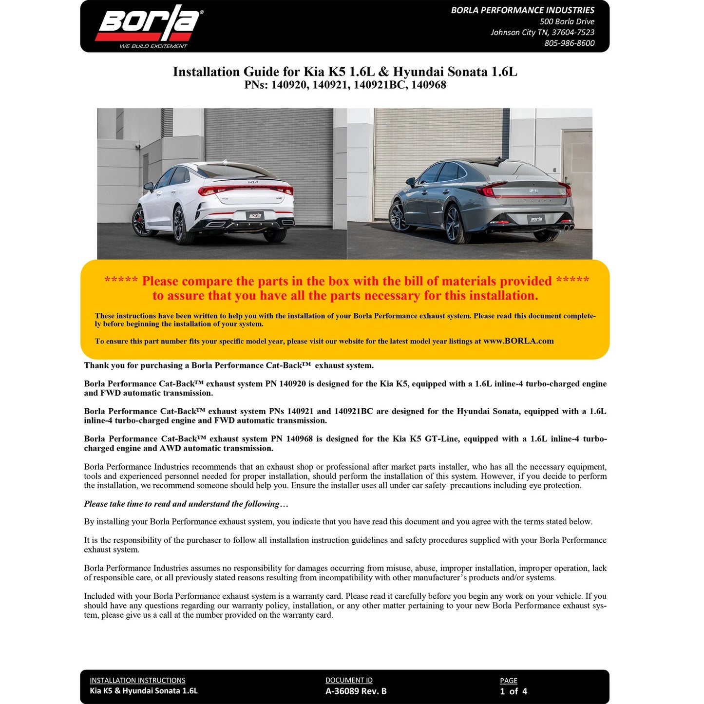 Borla 21-24 Kia K5 GT-Line 1.6L Turbocharged AWD 2.25in Turn Down Exit S-Type Cat-Back