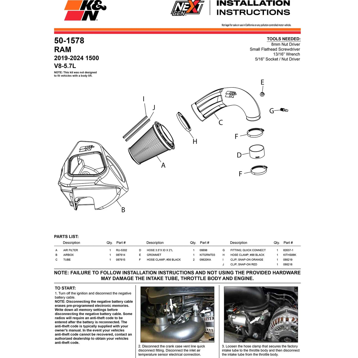 K&N 19-24 Dodge Ram 1500 (5.7L V8) NextGen Cold Air Intake