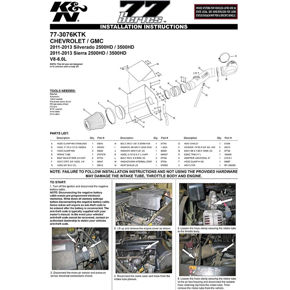 K&N 11-12 Chevy Silverado 2500/3500 HD / 11-12 GMC Sierra 2500/3500 HD High-Flow Perf Intake Kit