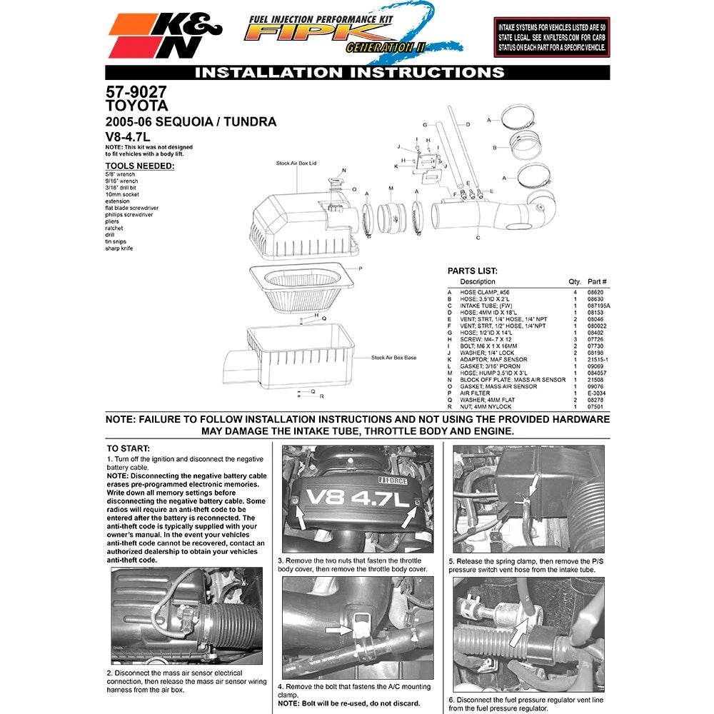 K&N 05-06 Toyota Tundra / Sequoia V8-4.7L Performance Air Intake Kit