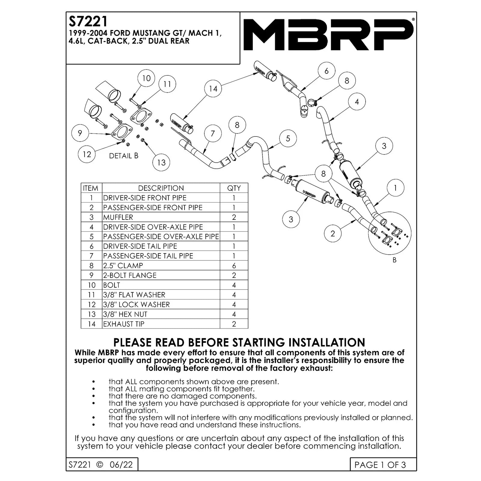 MBRP 99-04 Ford Mustang GT 4.6L 2.5in. Dual Split Rear AL Cat Back w/ 3.5in. Dual Wall Blk. Tips
