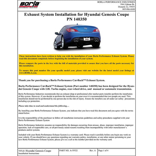 Borla 10-14 Genesis Coupe 2.0L Turbo ONLY AT/MT RWD 2DR Catback Exhaust