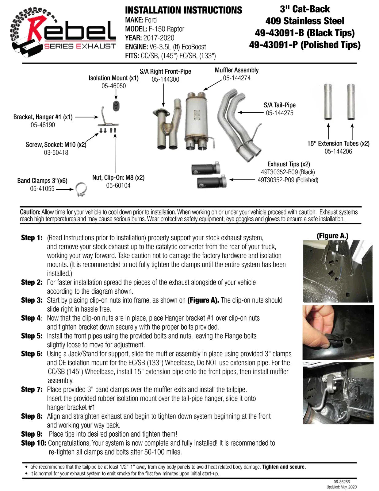 aFe POWER Rebel Series 3in 409 SS Cat Back Exhaust w/ Black Tips 17 Ford F-150 Raptor V6-3.5L