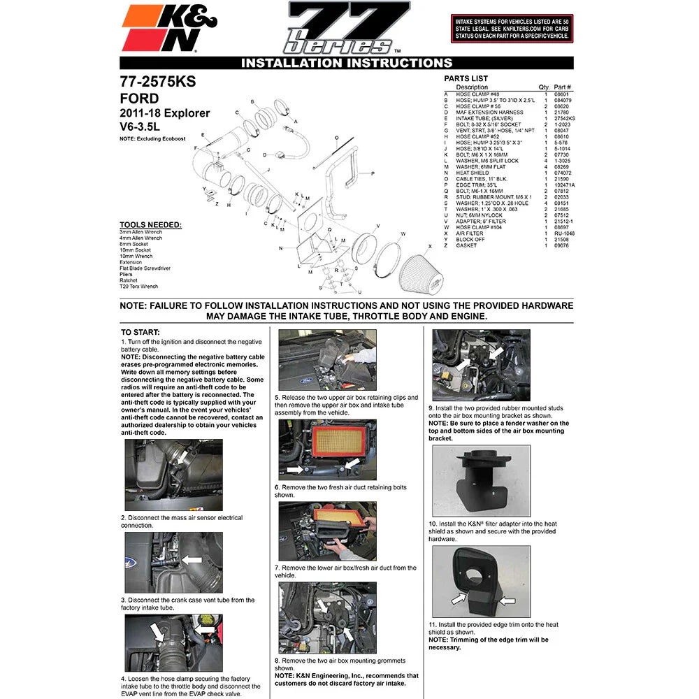 K&N 11 Ford Explorer 3.5L V6 Performance Intake Kit