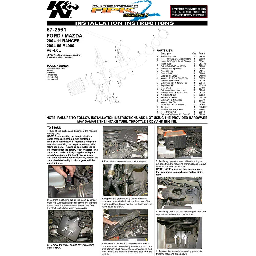 K&N 04 Ford Ranger / Mazda B4000 V6-4.0L Performance Intake Kit