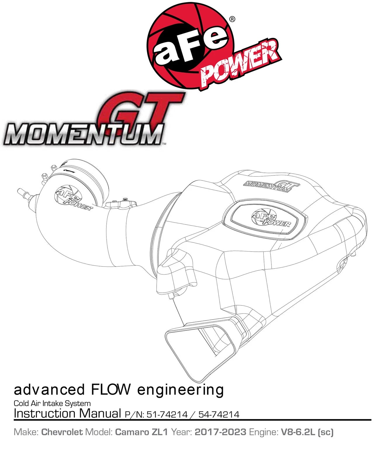 aFe Momentum GT Pro DRY S Cold Air Intake System 2017 Chevrolet Camaro ZL1 V8 6.2L (sc)