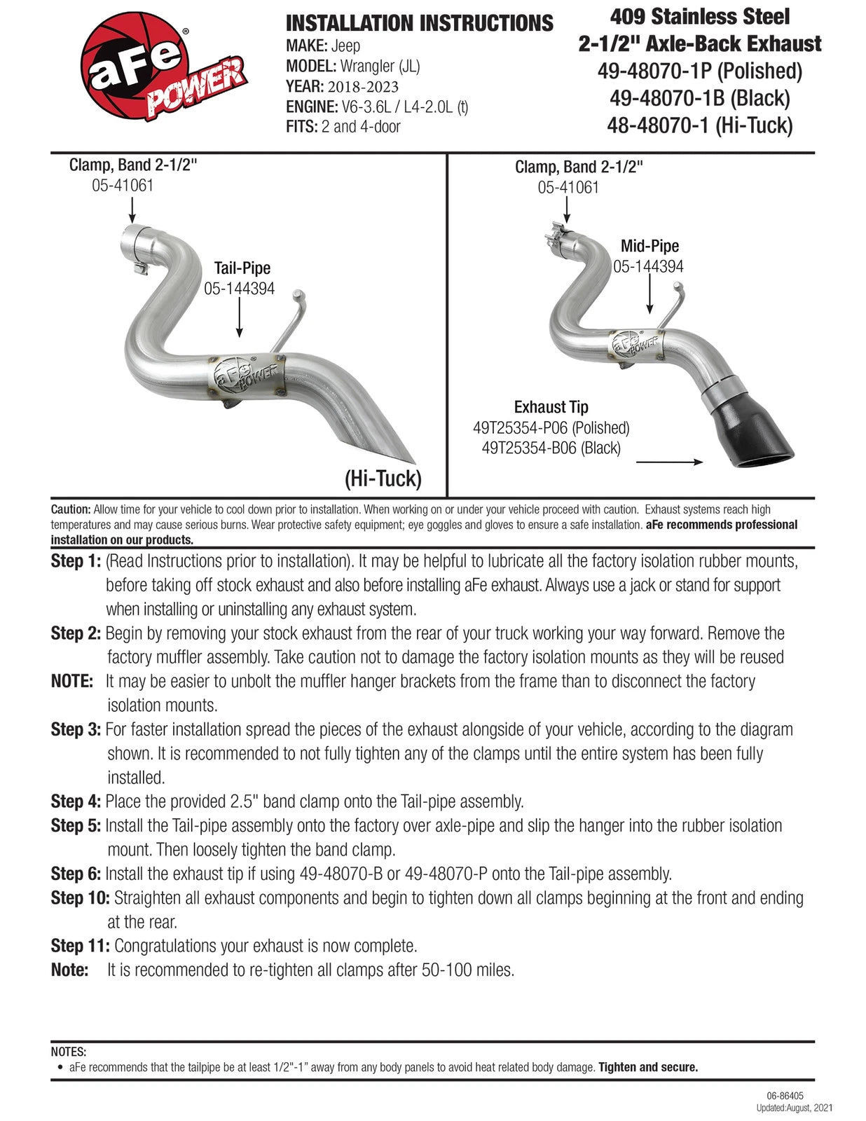 aFe MACH Force-Xp Axle-Back Exhaust System w/No Tip 18-20 Jeep Wrangler L4-2.0T / V6-3.6L