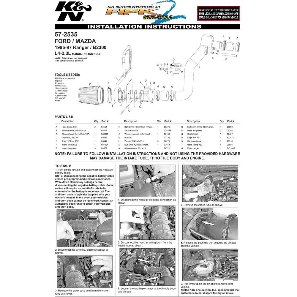K&N 95-97 Ford Ranger / Mazda B2300 L4-2.3L Performance Intake Kit