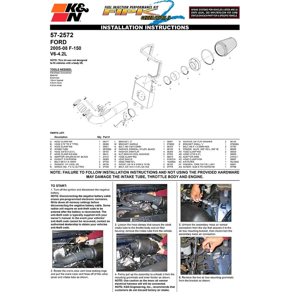 K&N 06 Ford F150 V6-4.2L Performance Intake Kit