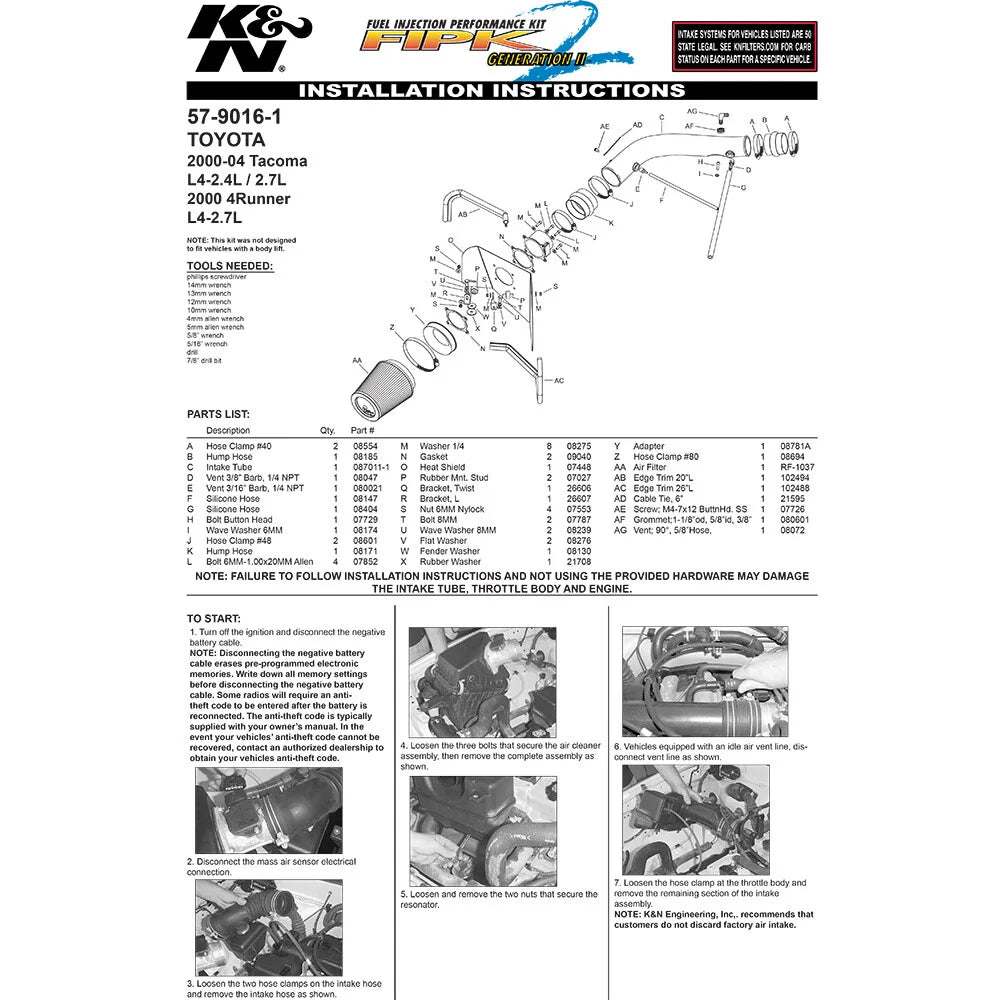 K&N 00-04 Toyota Tacoma/4Runner L4-2.4L/2.7L Performance Air Intake Kit