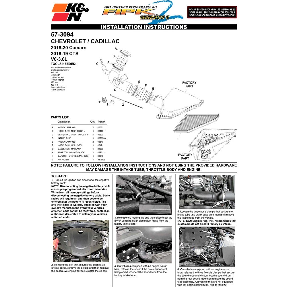 K&N 16-19 Chevrolet Camaro V6-3.6L Performance Intake Kit