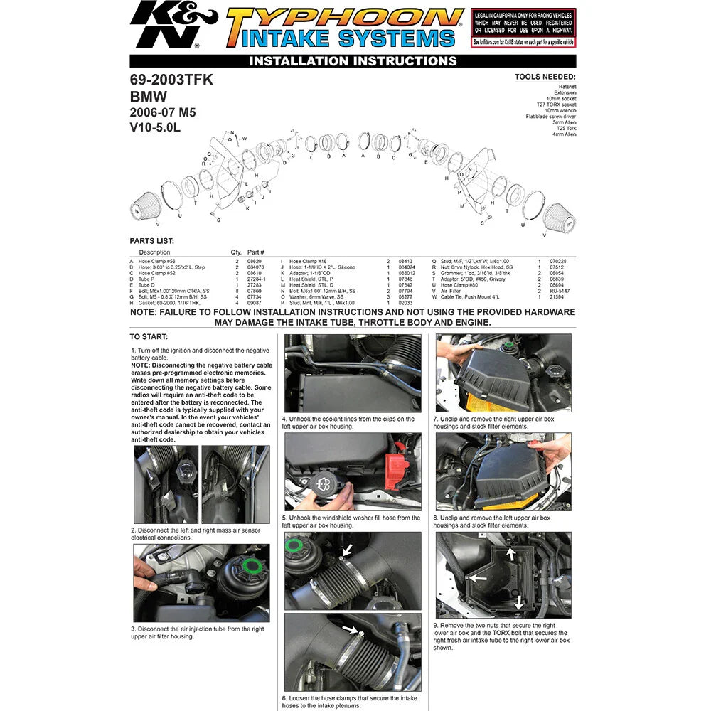 K&N 06-07 BMW M5 5.0L Flat Black Typhoon Short Ram Intake