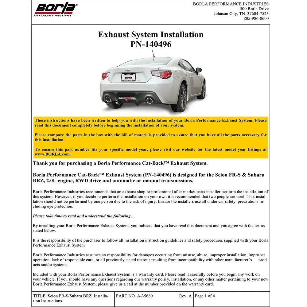 Borla 13-15 Scion FR-S 2.0L 4cyl 6spd / 13 Subaru BRZ 2.0L 4cyl 6spd SS Catback Exhaust