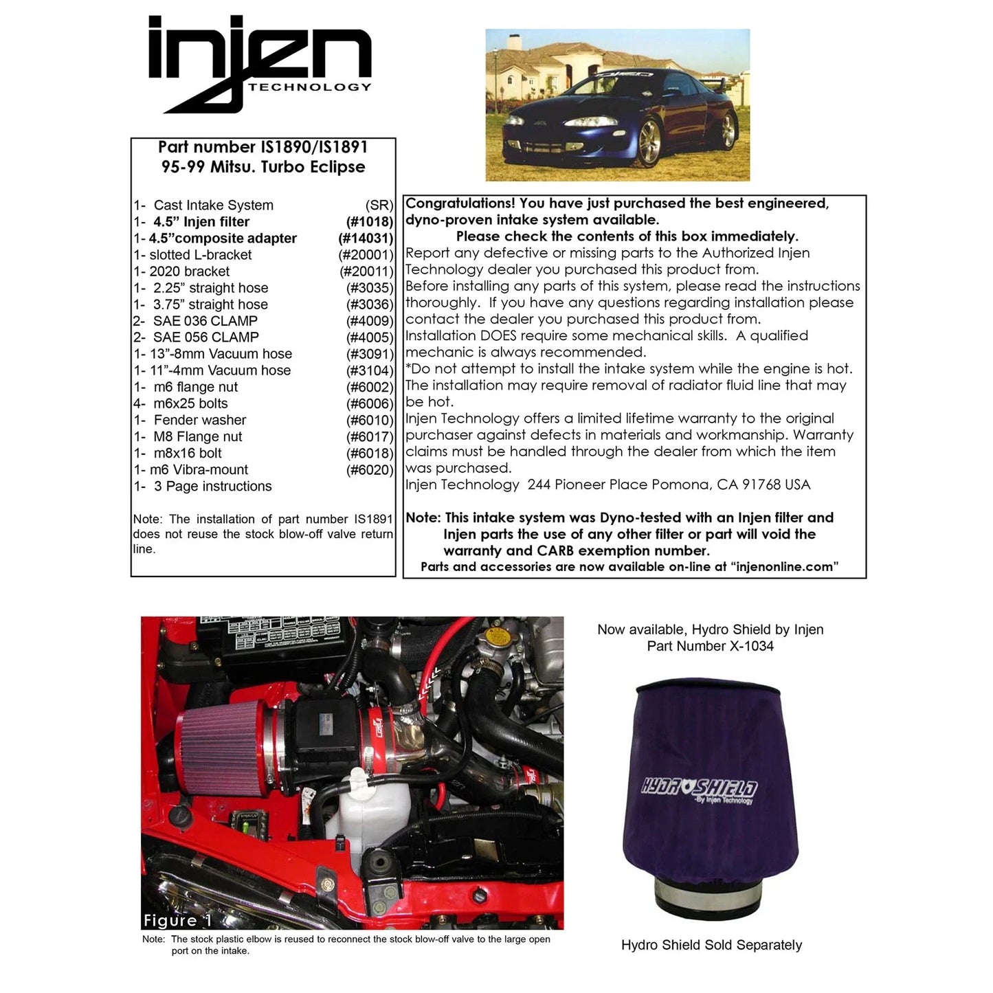 Injen 95-99 Eclipse Turbo Must Use Stock Blow Off Valve Polished Short Ram Intake
