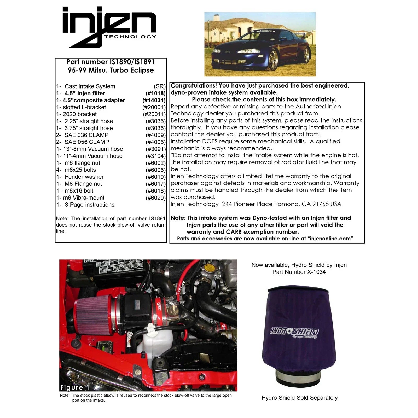 Injen 95-99 Eclipse Turbo Must Use Stock Blow Off Valve Polished Short Ram Intake
