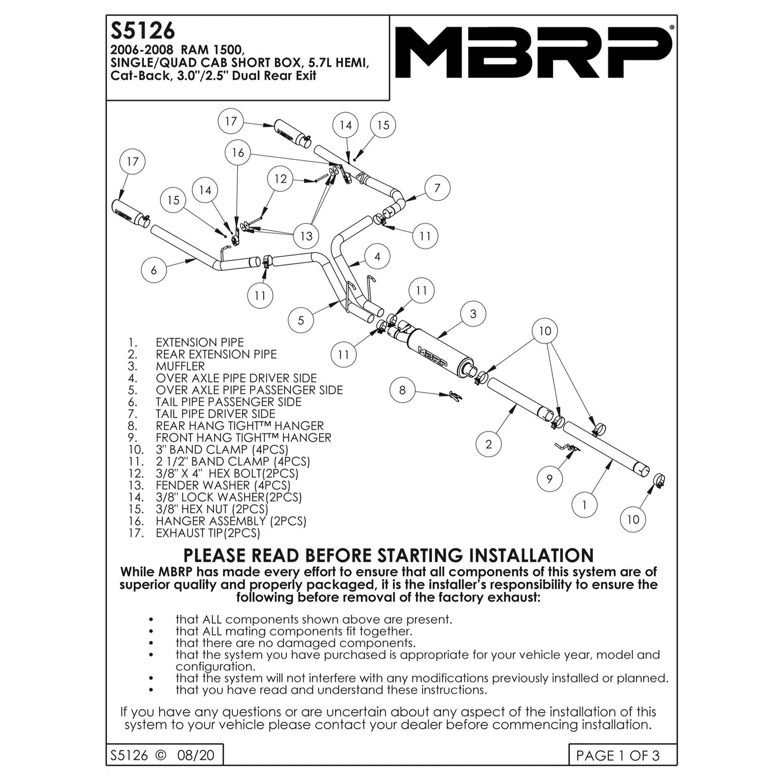 MBRP 2006-2008 Dodge Ram Hemi 1500 5.7L SC/CC-SB Cat Back Dual Split Rear