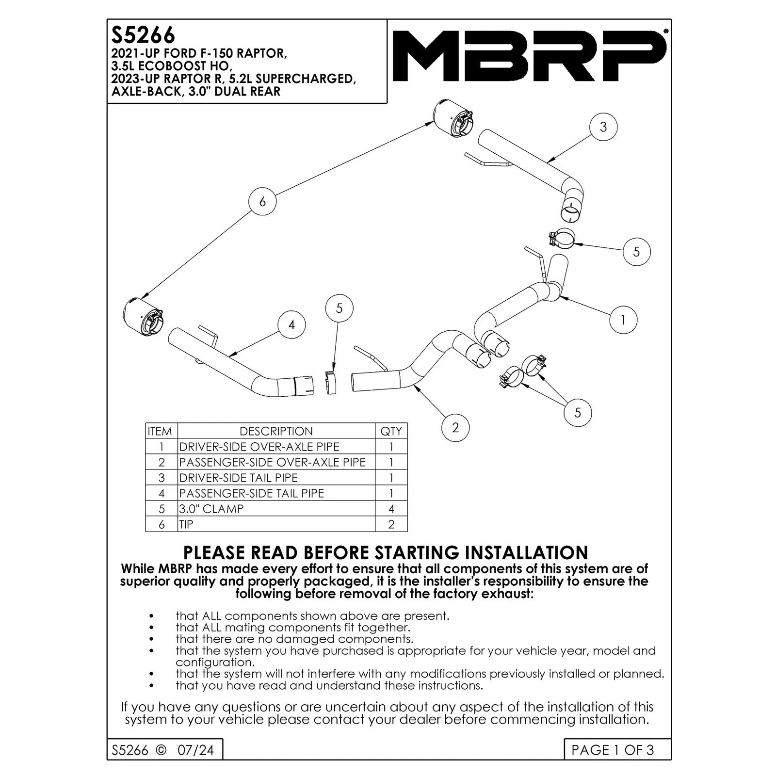 MBRP 2021+ Ford F-150 Raptor Axle-Back Dual Rear Exit T304 Performance Exhaust Sys