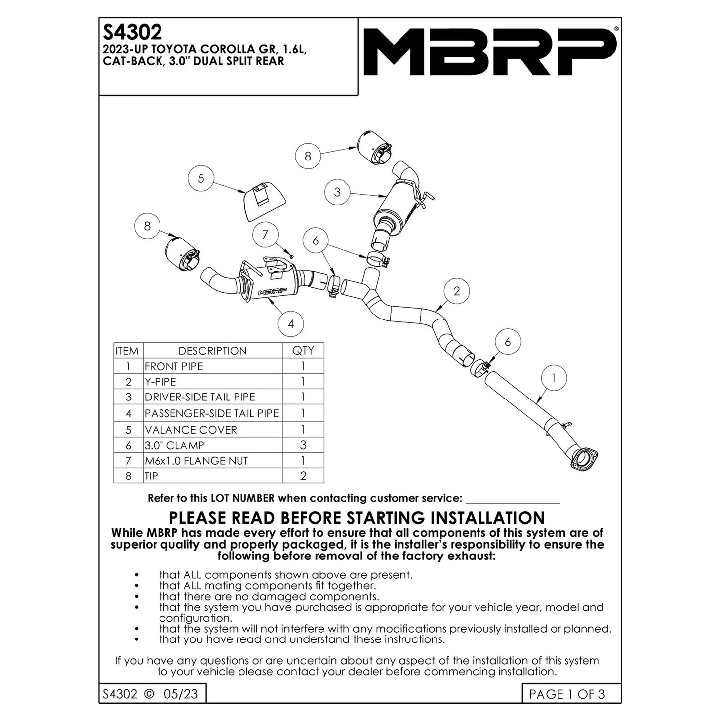 MBRP 2023 Toyota Corolla GR 1.6L T304 SS 3in Cat-Back Dual Split Rear w/ Carbon Fiber Tips