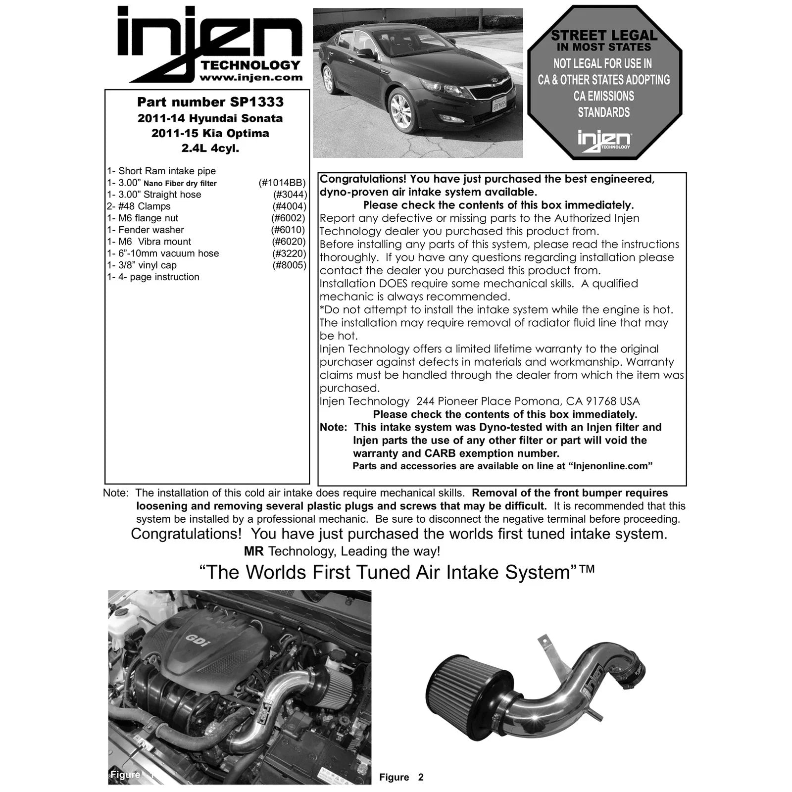 Injen 11-15 Kia Optima / Hyundai Sonata 2.4L Black Short Ram Air Intake