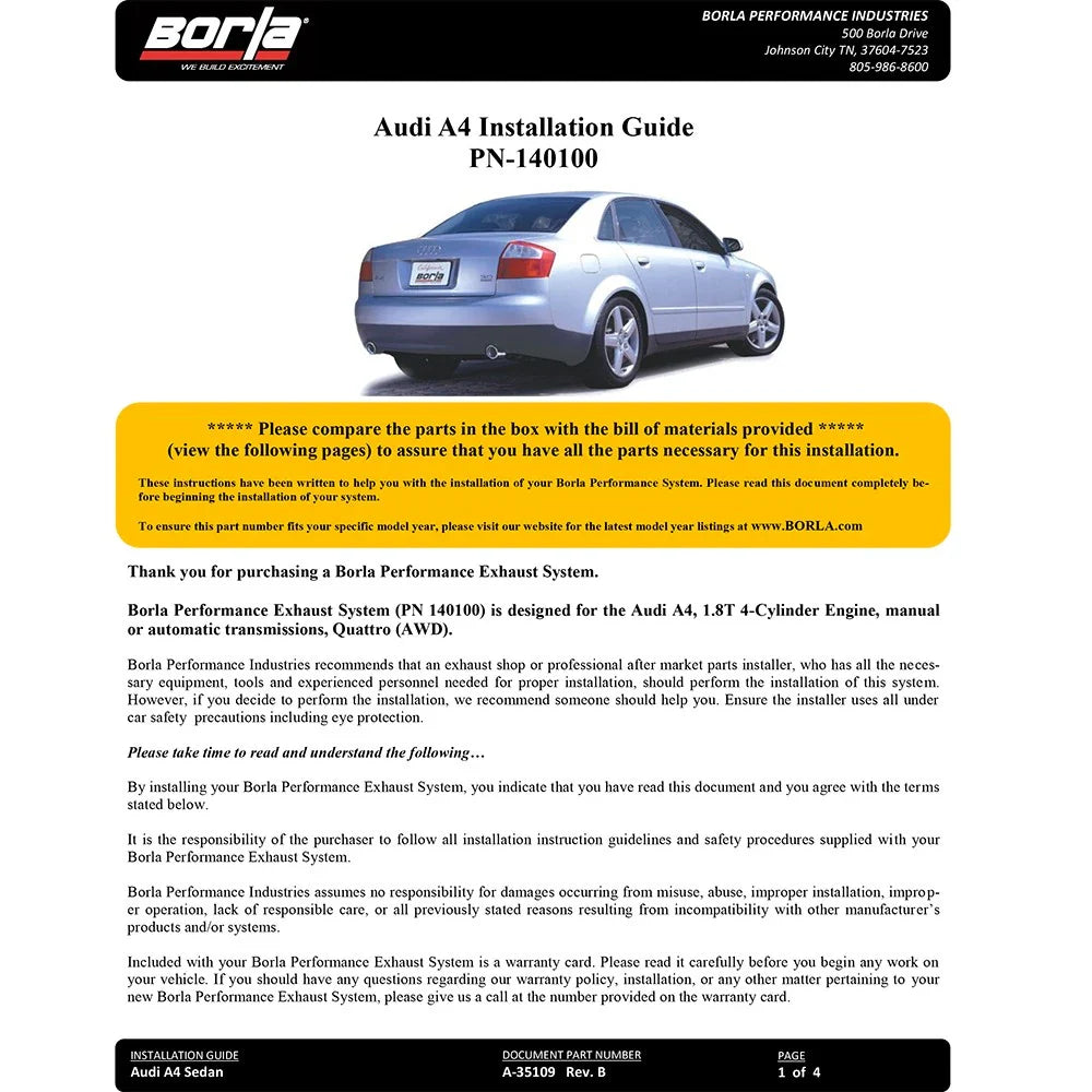 Borla Cat Back system for 02-08 Audi A4 Quattro 2.0L 4cyl