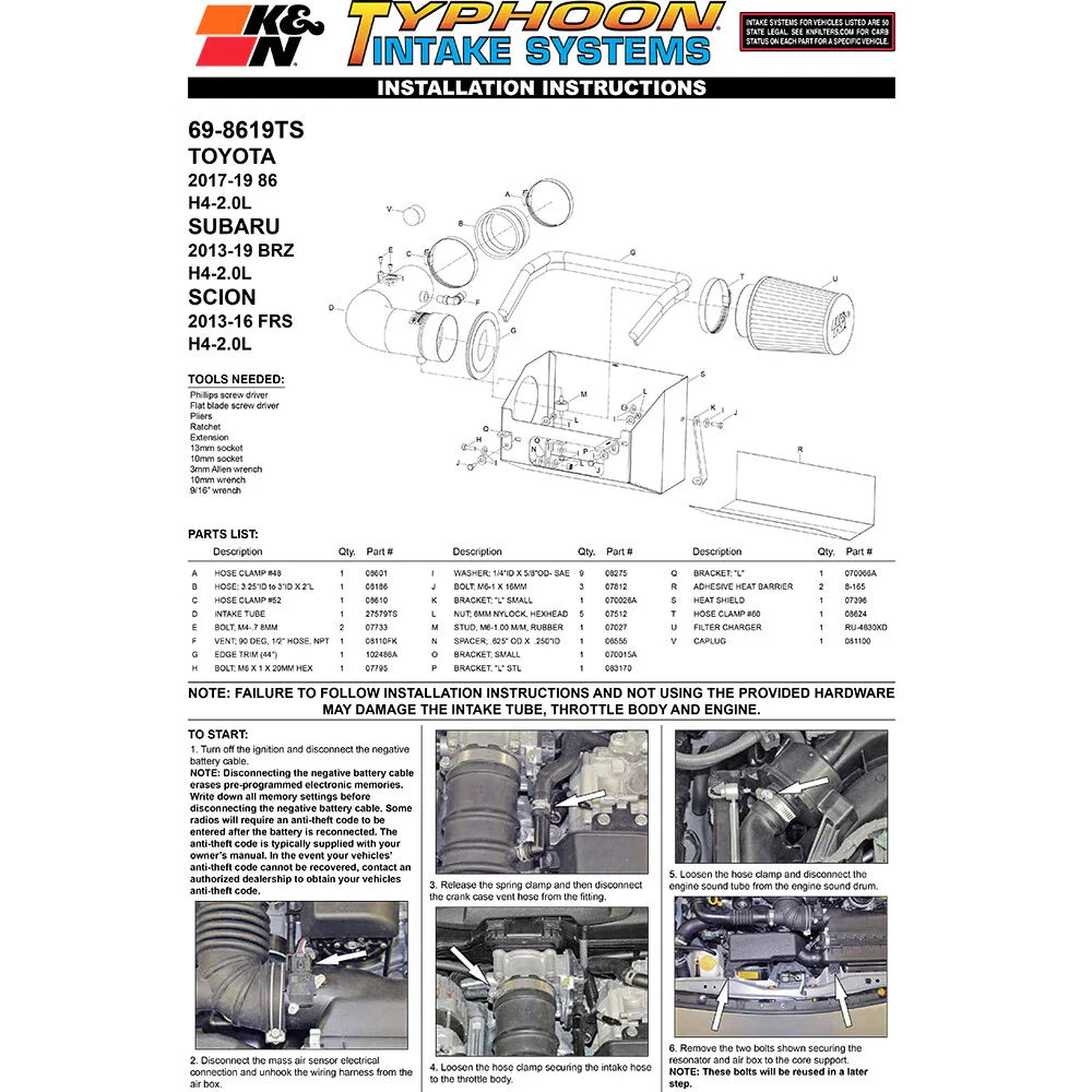 K&N 13 Subaru BRZ 2.0L / 13 Scion FR-S 2.0L Silver 69 Series Typhoon Intake