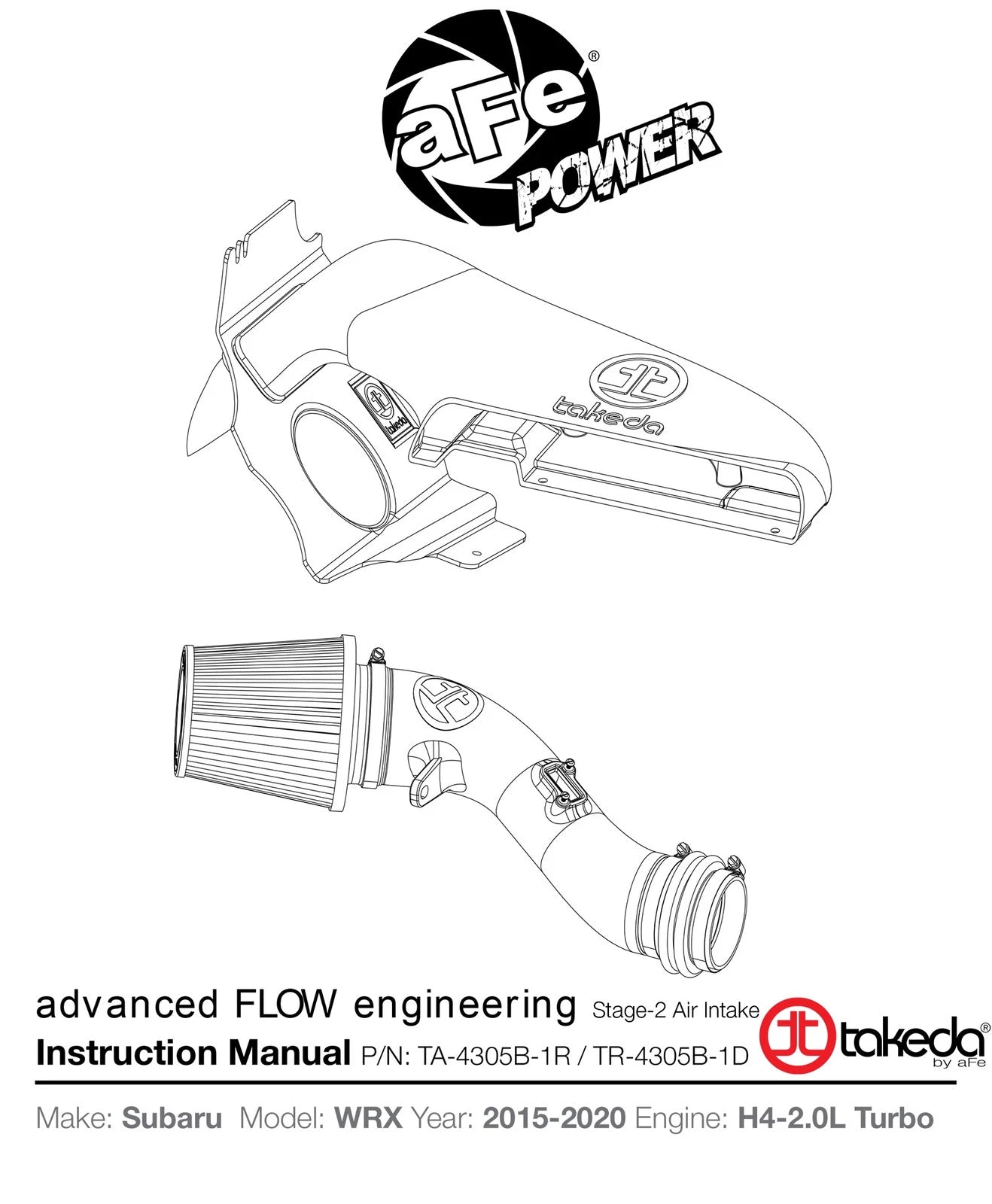 aFe Takeda Stage-2 PRO DRY S Cold Air Intake System 15-18 Subaru WRX H4 2.0L (t)