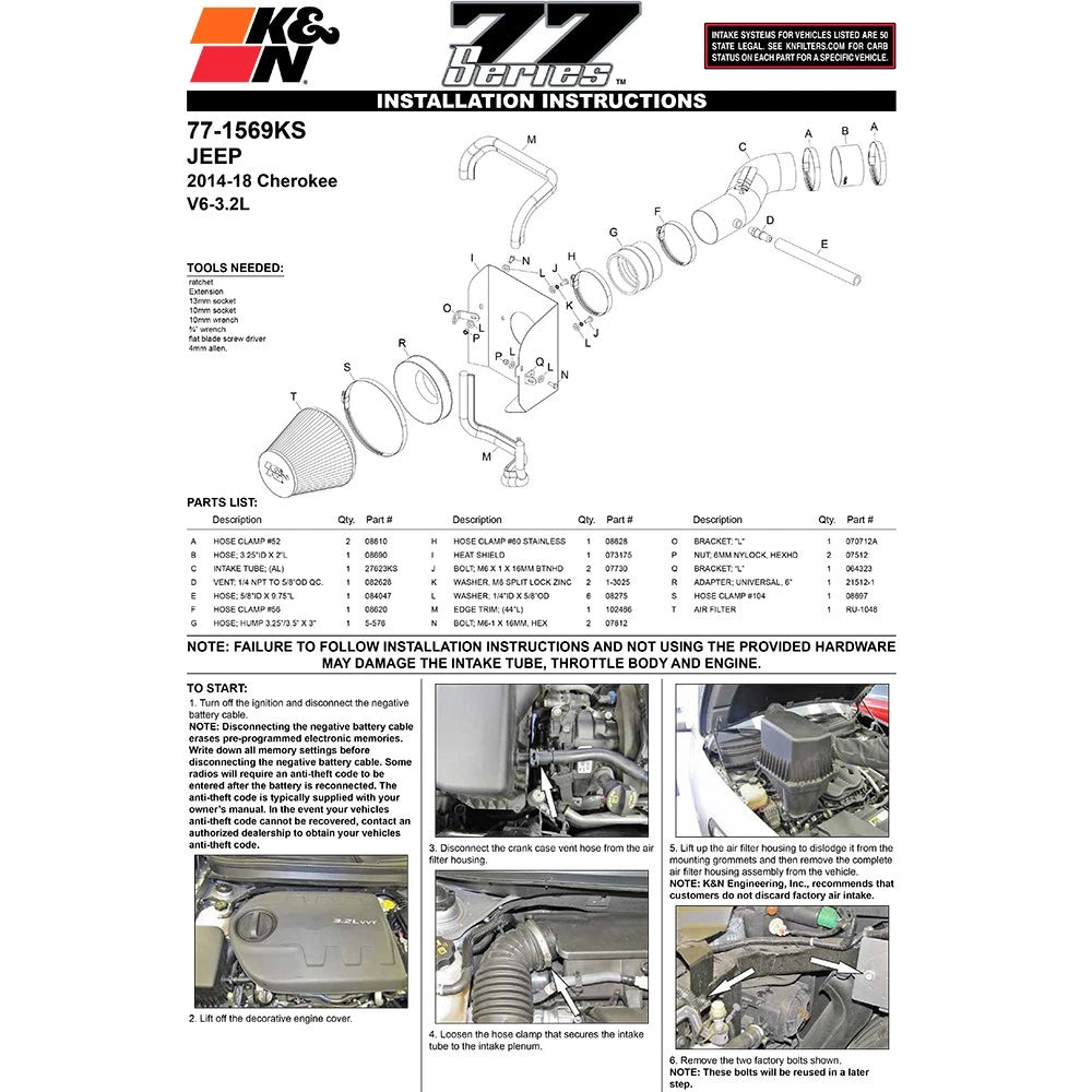 K&N 14-15 Jeep Cherokee 3.2L V6 High Flow Performance Intake Kit