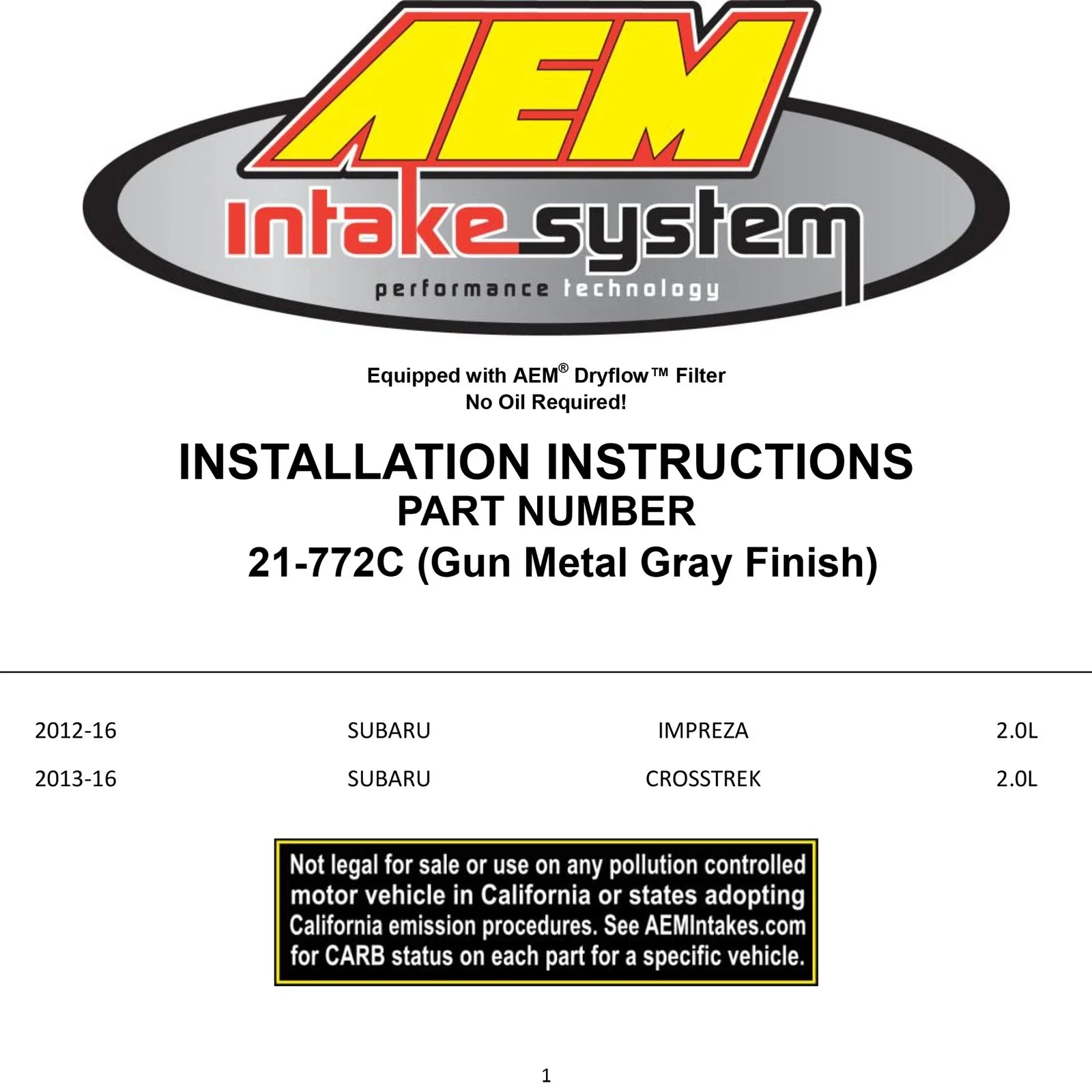AEM 12-16 Subaru Impreza H4-2.0L Metal Gunmetal Gray Cold Air Intake