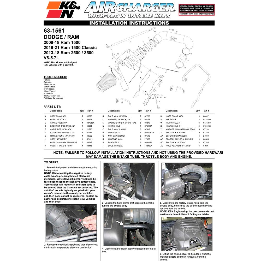 K&N 09-10 Dodge Ram 1500 PickUp V8-5.7L AirCharger Performance Intake