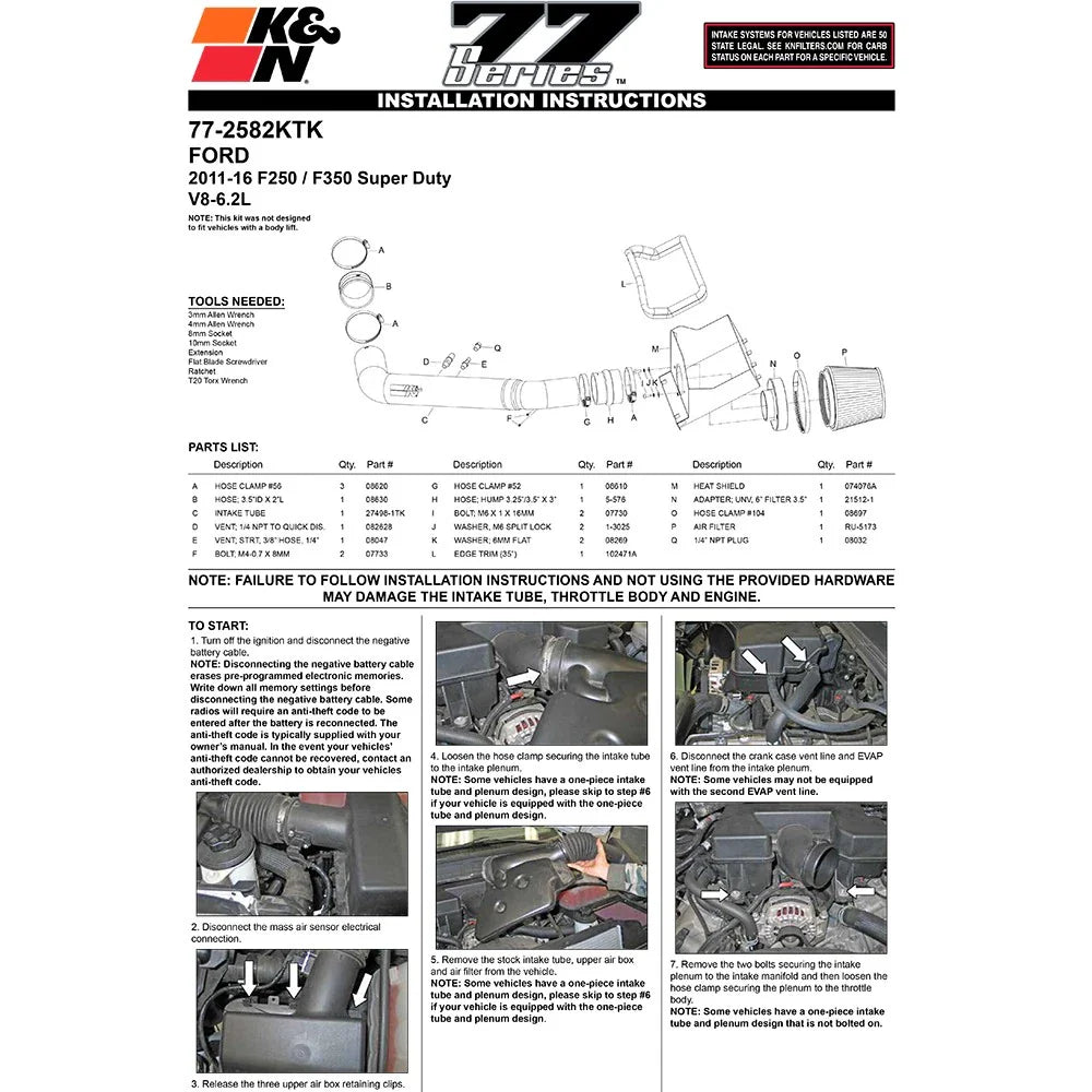 K&N 11-12 Ford F250/F350 SD 6.2L V8 High Flow Performance Intake