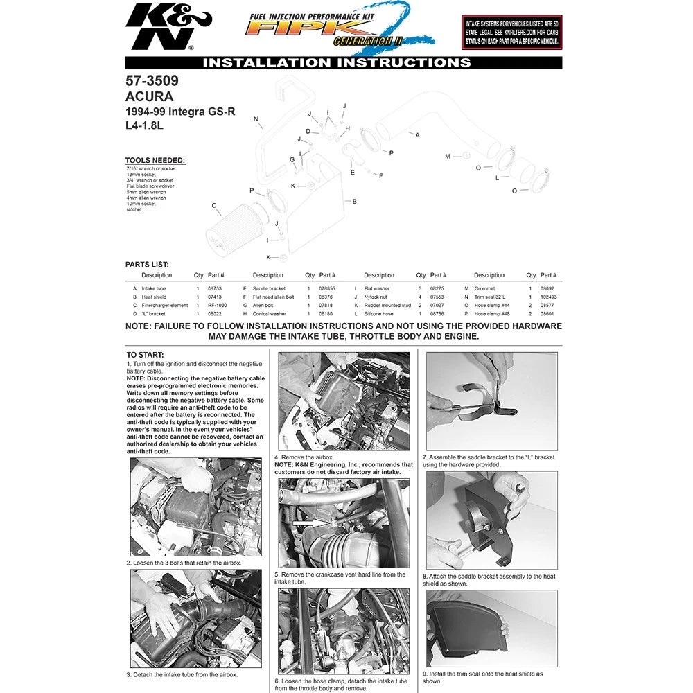 K&N 94-01 Acura Integra GS-R L4-1.8L Performance Intake Kit