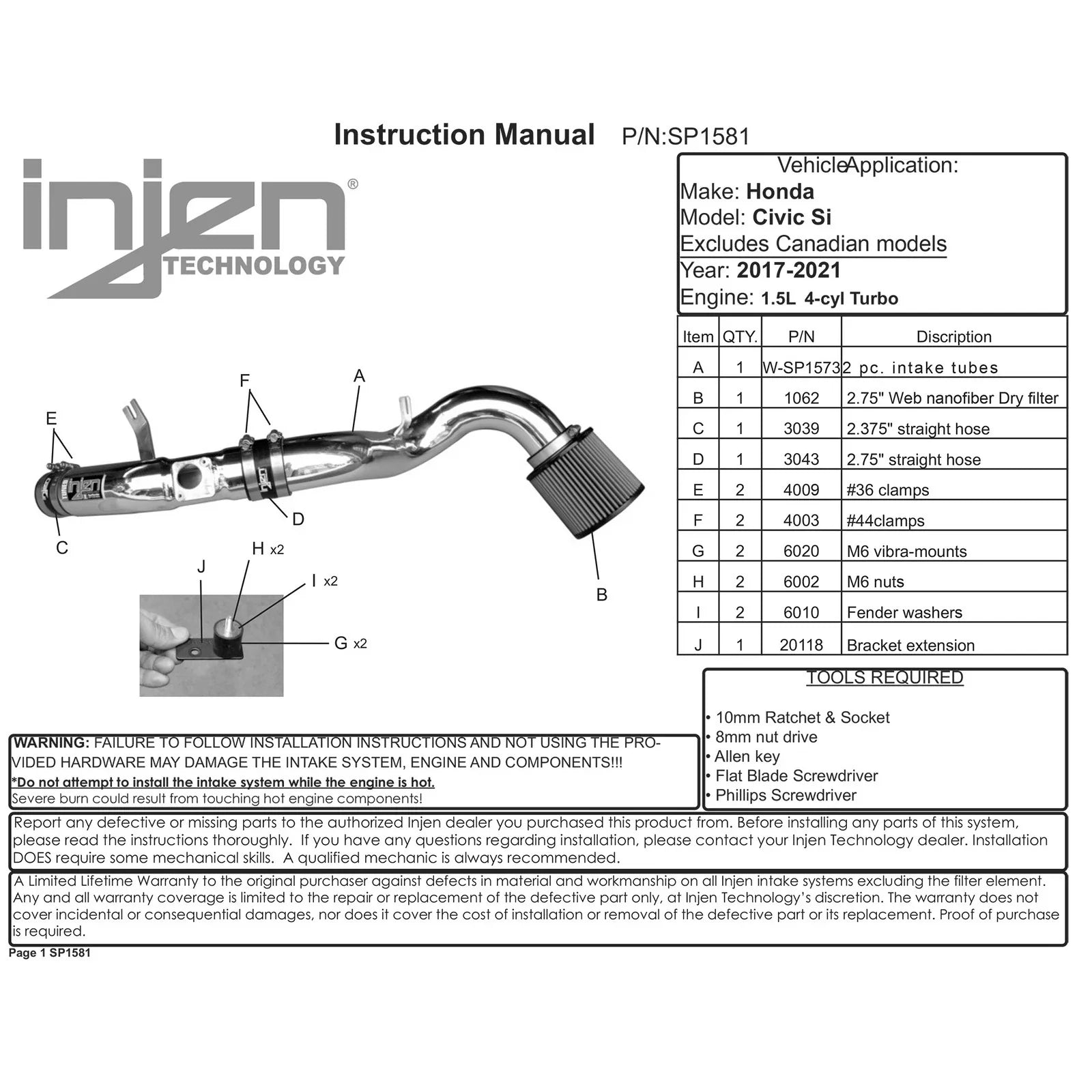 Injen 2017+ Honda Civic Si 1.5L Wrinkle Red Cold Air Intake
